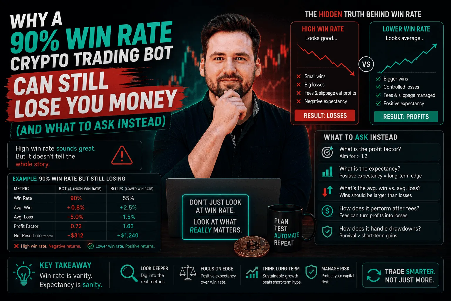 Why a 90% Win Rate Crypto Trading Bot Can Still Lose You Money (And What to Ask Instead)